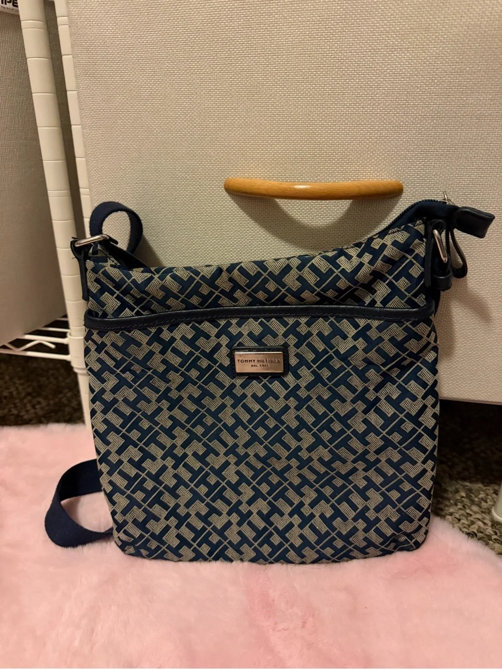Tommy Hilfiger Navy and Beige Monogram Crossbody Bag